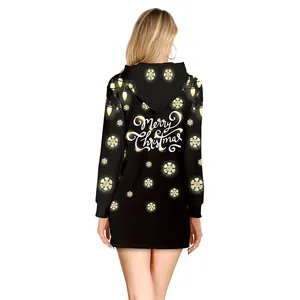 Abito con Cappuccio da Donna Stampa Renna di Natale Manica Lunga Slim Fit Mini Abito per Festa Natalizia Poliestere