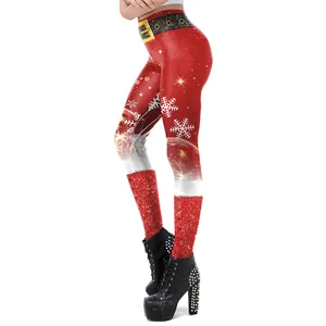 Women's Christmas high waist yoga leggings with festive Santa belt and snowflake print