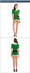 Front and back view of a Christmas elf bodysuit with green tree print and red stripes