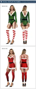 Front and back views of 3D printed Christmas party jumpsuits in green elf and red styles