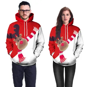 Sweats à capuche de Noël assortis pour couples avec motif renne 3D en rouge et blanc