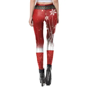 Women's festive Christmas leggings with snowflake print and holiday belt design