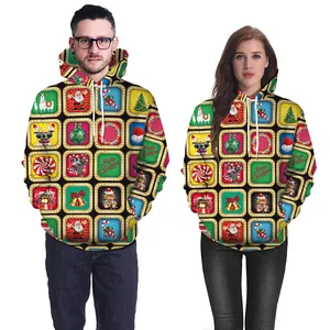 3D digital print Christmas hoodie featuring Santa, reindeer and festive patterns