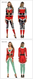 Front and back views of 3D Christmas jumpsuit with skeleton and festive patterns