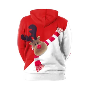 Sweat à capuche de Noël avec imprimé renne 3D, design bicolore rouge et blanc