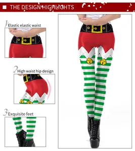 Détail de la taille haute élastique et du motif Elfe de Noël sur legging festif