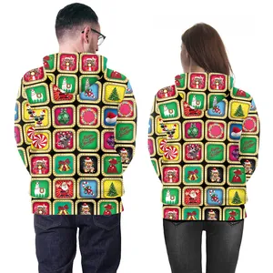 Matching Christmas hoodies for couples with festive 9-grid Santa and reindeer prints