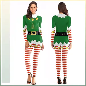 Women Christmas Elf Cosplay Jumpsuit Green Red Striped 3D Print Slim Fit Long Sleeve Catsuit Xmas Party Bodysuit Costume