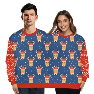 Funny Christmas twin couple sweater with reindeer prints and festive red sleeves