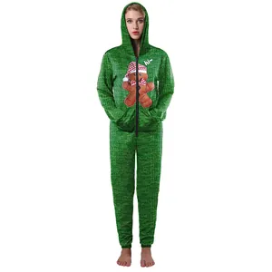Green Christmas gingerbread man onesie with hood and knitted pattern print for adults