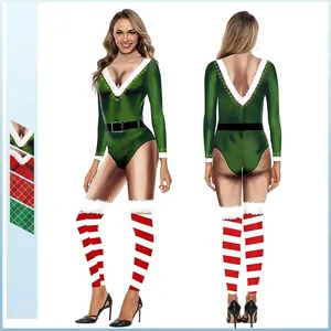 Women Christmas 3D Print Sexy Slim Fit Jumpsuit Festive Elf Santa Claus Stage Performance Costume With Socks Set