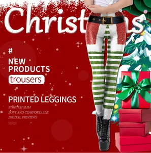 Detail of Christmas printed leggings with red and green stripes and holiday patterns