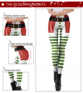 Detail view showing high waist elastic band and Christmas pattern on slim leggings