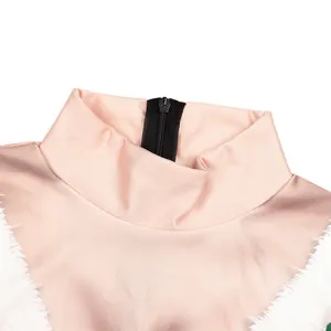 Pink high neck bodysuit with 3D feather print and back zipper for festive stage wear