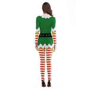 Christmas elf bodysuit with green 3D prints, red-white stripes and back zipper