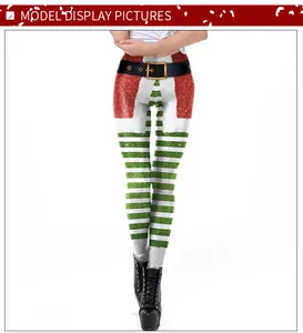 Detail of Christmas leggings featuring festive print with belt buckle and fur texture
