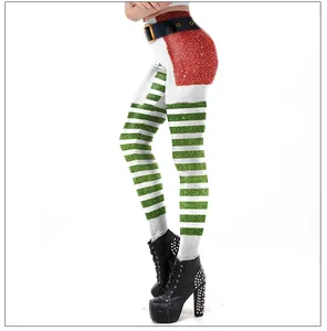 Detail of Christmas leggings with red glitter waist, black belt print and green stripes