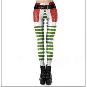 Detail of Christmas leggings featuring red sequin prints and a realistic belt graphic