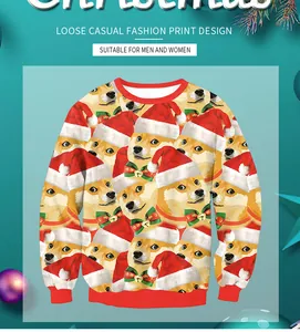 Detail of Christmas sweatshirt with festive Doge print and loose round neck design