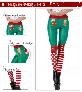 Detalle de mallas navideñas con cintura elástica y estampado de hombre de jengibre