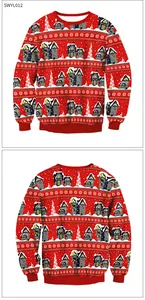 Vue avant et arrière du sweat de Noël rouge avec imprimé 3D de village sous la neige