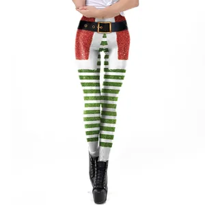 Women's Christmas Printed Leggings Red Green Striped Elastic Slim Fit Festive Holiday Party Cosplay Ankle Length Pants