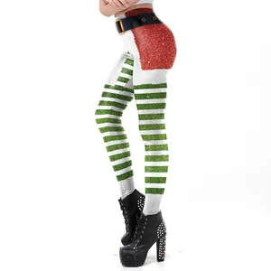 Women Christmas leggings featuring Santa belt waist and green white striped festive legs
