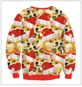 Close-up of ribbed neckline and Shiba Inu Christmas print on a red festive sweatshirt