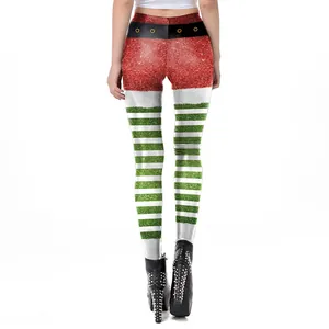 Christmas elf glitter leggings with red and green stripes and decorative belt print