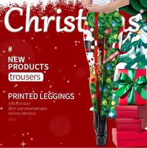 Detail von High-Waist-Weihnachtsleggings mit digitalem Weihnachtsmann- und Rentierdruck