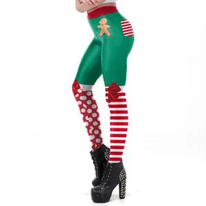 Leggings navideños para mujer con estampado de hombre de jengibre y rayas festivas