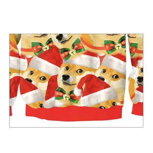 Loose Christmas sweater featuring Shiba Inu digital prints with festive red ribbed hem