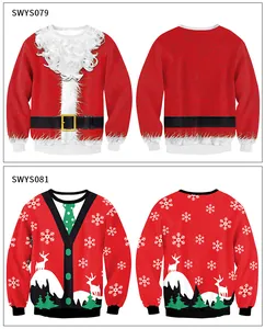 Detailansicht roter Weihnachts-Sweatshirts mit Weihnachtsmann- und Rentier-Aufdrucken