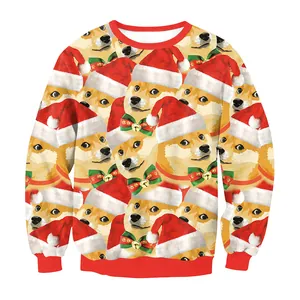 Christmas sweatshirt with Shiba Inu dog print and red ribbed cuffs for couples