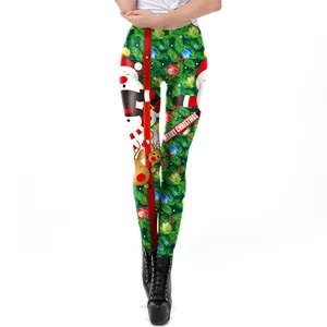 Damen Weihnachten Bedruckte Leggings Hohe Taille Festlich Weihnachtsmann Rentier Schneemann Grün Schlanke Feiertagshose Elastische Hose