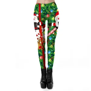 Damen Weihnachten Leggings mit Weihnachtsmann-Druck und Merry Christmas Schriftzug
