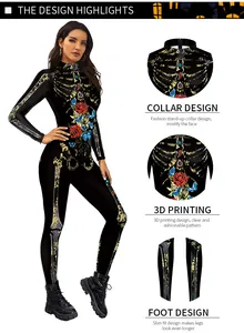Detail von 3D-Skelettdruck und Blumenmustern auf Halloween Langarm-Body für Damen