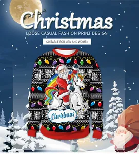 Detail of Christmas sweatshirt with Santa riding a unicorn print on cozy black fabric
