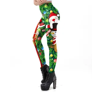 Damen Weihnachten Leggings mit Weihnachtsmann- und Rentier-Prints in festlichem Grün