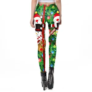 Weihnachts-Leggings für Damen mit Weihnachtsmann- und Rentier-Print in festlichem Rot-Grün