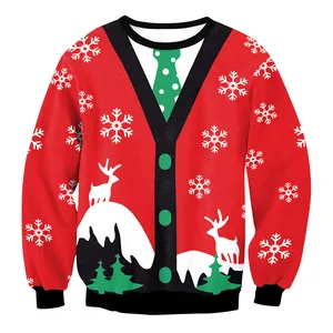 Rotes Weihnachts-Sweatshirt mit 3D-Rentier-Druck und weißen Schneeflocken-Details