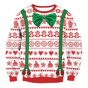 Festlicher Weihnachtsstrickpullover mit rotem Muster und grüner Schleife auf weißem Grund