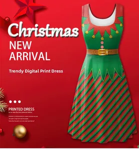 Detail of Christmas elf digital print on a sleeveless mid-length festive dress for women