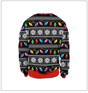 Close-up of Christmas sweater with colorful light bulbs, white snowflakes and red ribbed cuffs