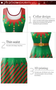 Detail showing 3D digital print of Christmas elf costume with festive belt and bells