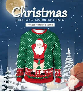 Detailansicht des Weihnachtsmann-Drucks auf einem festlichen Weihnachts-Sweatshirt
