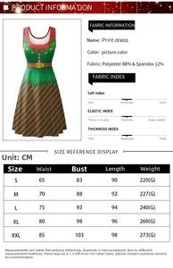 Size chart for women's Christmas midi dress with measurements in CM and fabric details