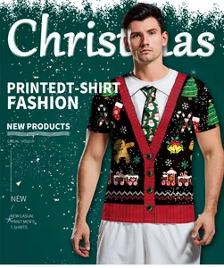 Detail van 3D-kerstprint op zwart heren-T-shirt met klassieke feestelijke motieven