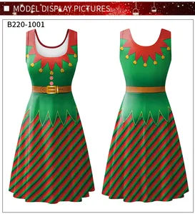 Front and back view of a green Christmas elf dress with striped hem and belt detail