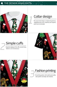 Detail van 3D-kerstprint op de ronde hals en mouwen van het heren T-shirt